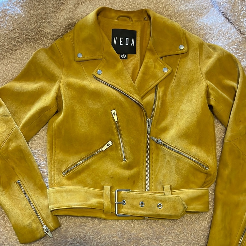 VEDA Yellow Genuine Suede Biker Jacket with silver hardware